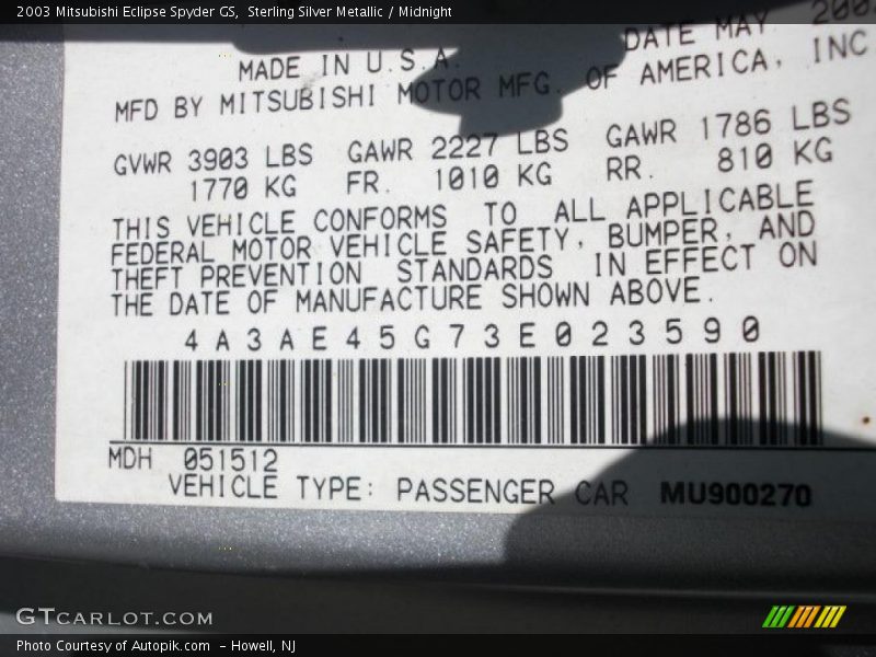 Sterling Silver Metallic / Midnight 2003 Mitsubishi Eclipse Spyder GS