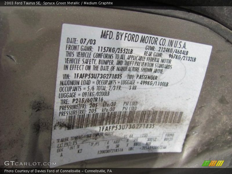 2003 Taurus SE Spruce Green Metallic Color Code FS