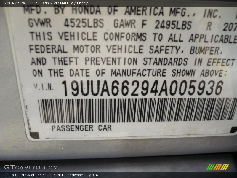 Satin Silver Metallic / Ebony 2004 Acura TL 3.2