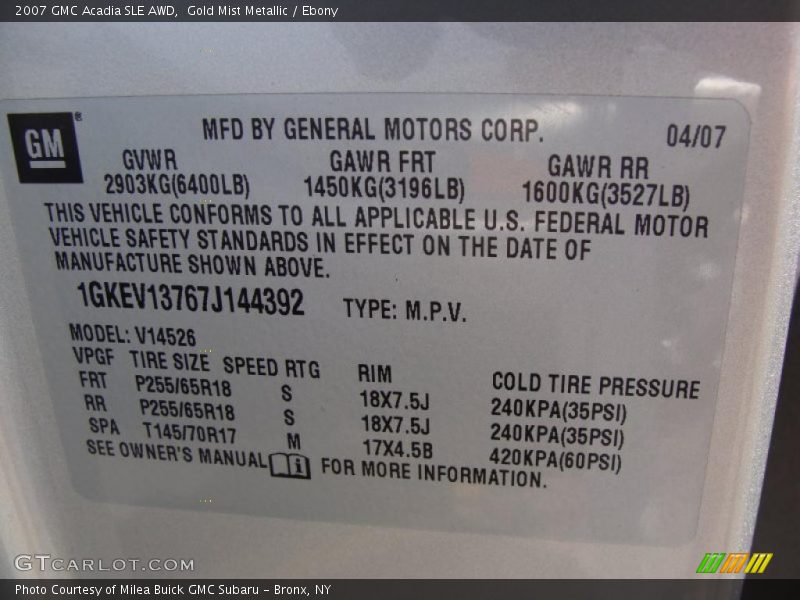 Gold Mist Metallic / Ebony 2007 GMC Acadia SLE AWD
