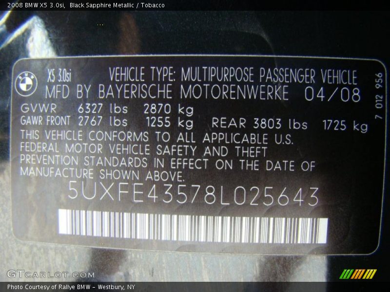Black Sapphire Metallic / Tobacco 2008 BMW X5 3.0si