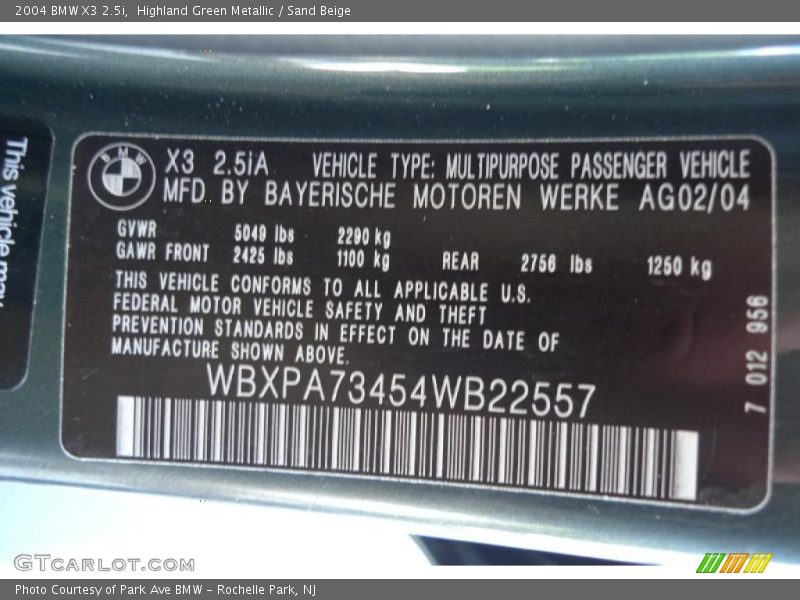Highland Green Metallic / Sand Beige 2004 BMW X3 2.5i