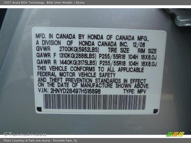 Billet Silver Metallic / Ebony 2007 Acura MDX Technology