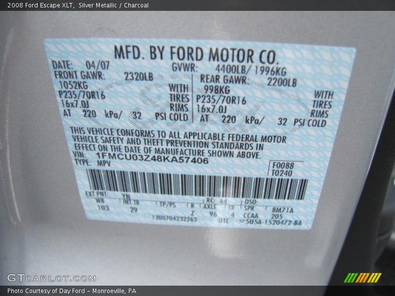 Silver Metallic / Charcoal 2008 Ford Escape XLT