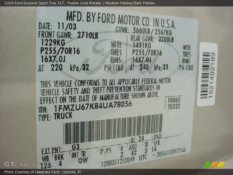 Pueblo Gold Metallic / Medium Pebble/Dark Pebble 2004 Ford Explorer Sport Trac XLT