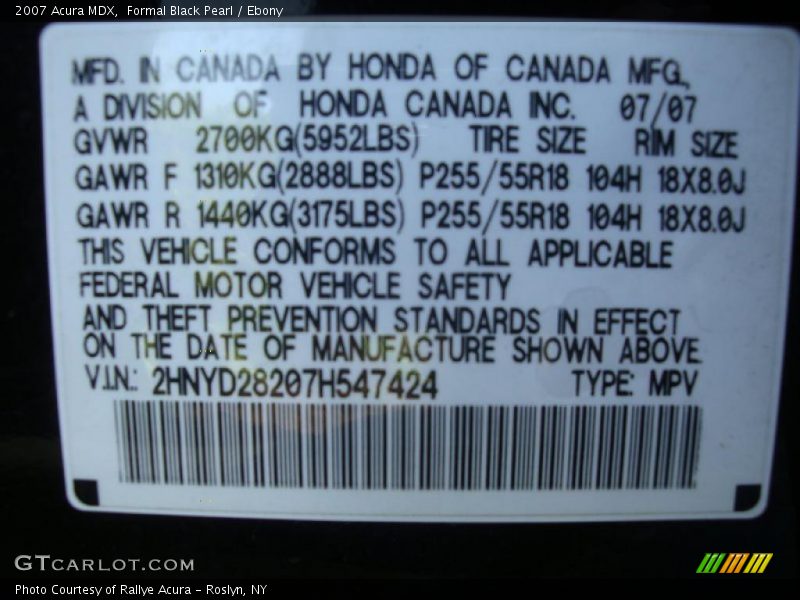 Formal Black Pearl / Ebony 2007 Acura MDX