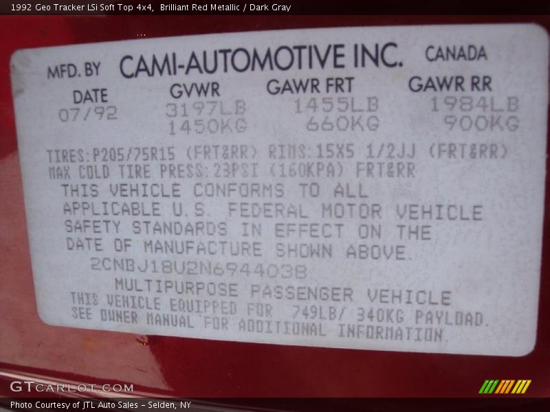 Info Tag of 1992 Tracker LSi Soft Top 4x4