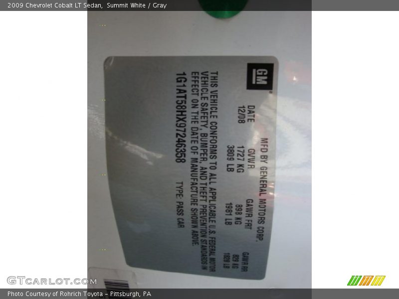 Summit White / Gray 2009 Chevrolet Cobalt LT Sedan