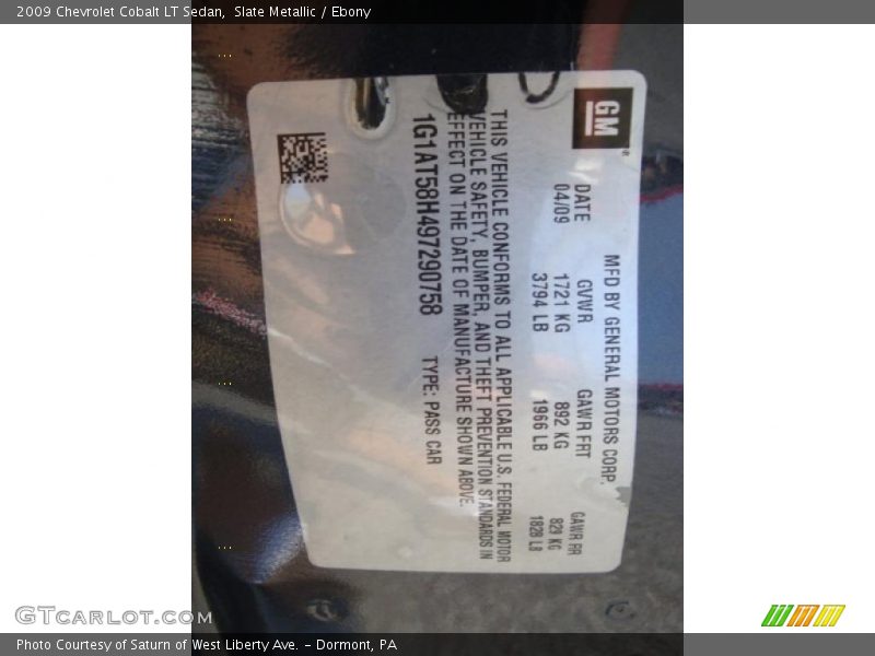 Slate Metallic / Ebony 2009 Chevrolet Cobalt LT Sedan