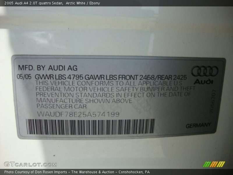Arctic White / Ebony 2005 Audi A4 2.0T quattro Sedan