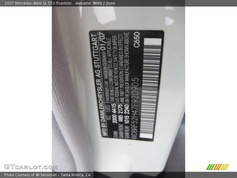 Alabaster White / Stone 2007 Mercedes-Benz SL 550 Roadster