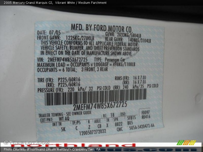 Vibrant White / Medium Parchment 2005 Mercury Grand Marquis GS