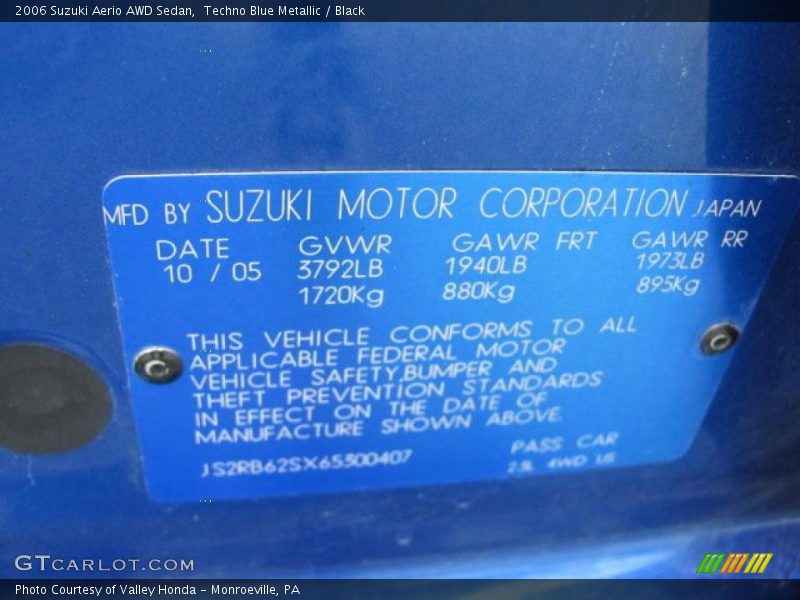 Techno Blue Metallic / Black 2006 Suzuki Aerio AWD Sedan
