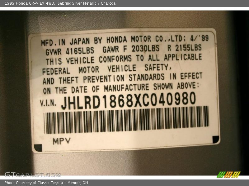 Sebring Silver Metallic / Charcoal 1999 Honda CR-V EX 4WD