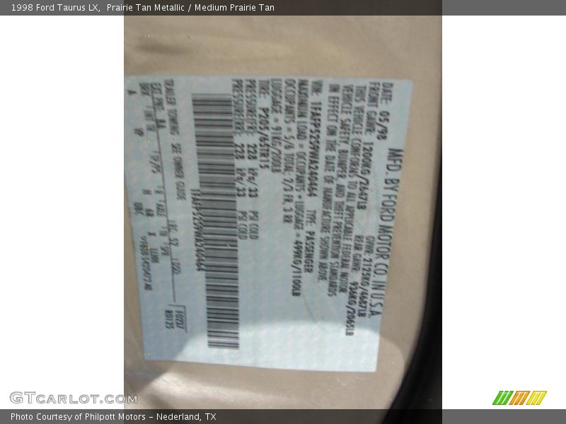 Prairie Tan Metallic / Medium Prairie Tan 1998 Ford Taurus LX