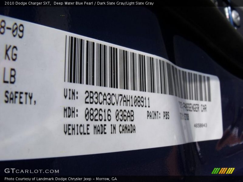Deep Water Blue Pearl / Dark Slate Gray/Light Slate Gray 2010 Dodge Charger SXT