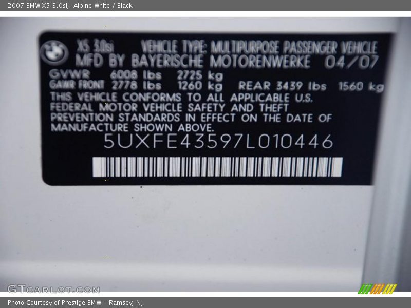 Alpine White / Black 2007 BMW X5 3.0si