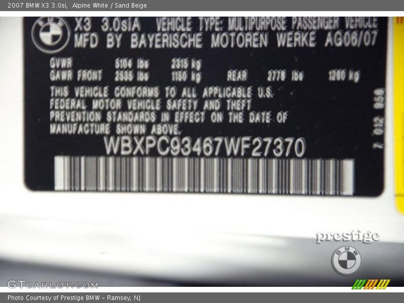 Alpine White / Sand Beige 2007 BMW X3 3.0si
