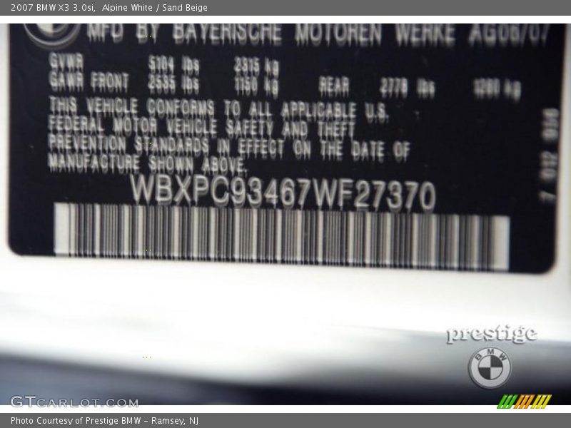 Alpine White / Sand Beige 2007 BMW X3 3.0si