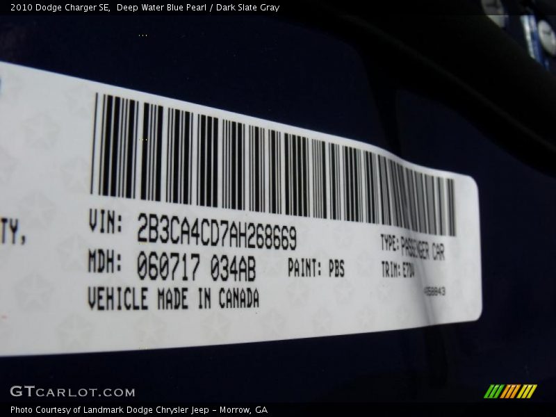 Deep Water Blue Pearl / Dark Slate Gray 2010 Dodge Charger SE
