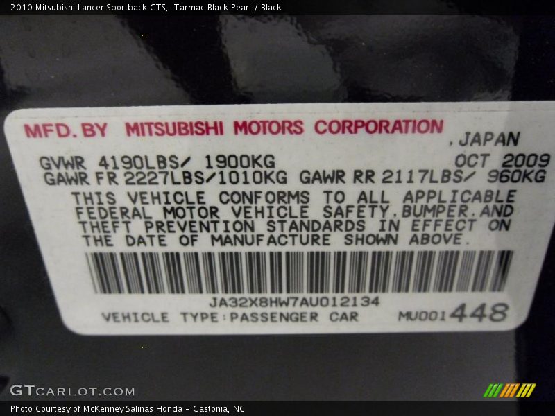 Tarmac Black Pearl / Black 2010 Mitsubishi Lancer Sportback GTS