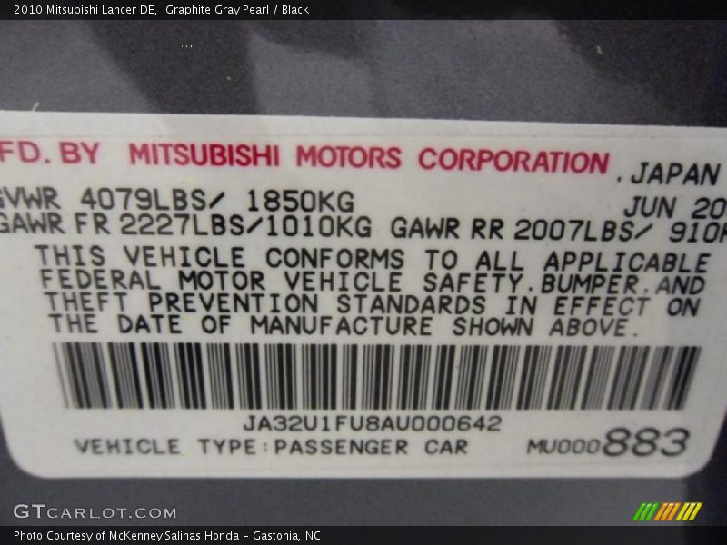 Graphite Gray Pearl / Black 2010 Mitsubishi Lancer DE