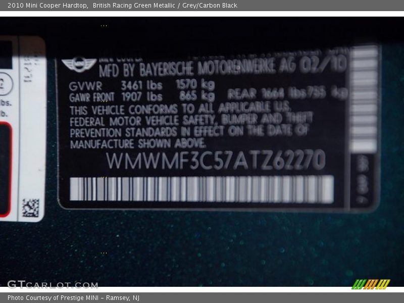 British Racing Green Metallic / Grey/Carbon Black 2010 Mini Cooper Hardtop