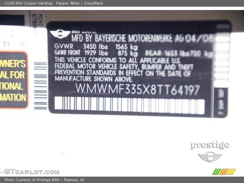 Pepper White / Grey/Black 2008 Mini Cooper Hardtop