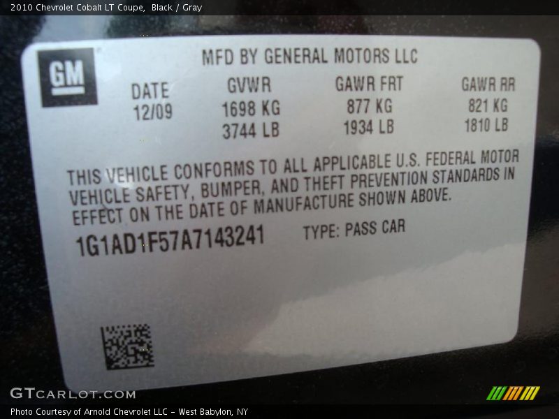 Black / Gray 2010 Chevrolet Cobalt LT Coupe
