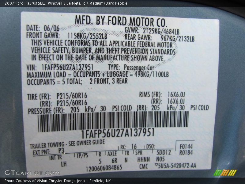 Windveil Blue Metallic / Medium/Dark Pebble 2007 Ford Taurus SEL