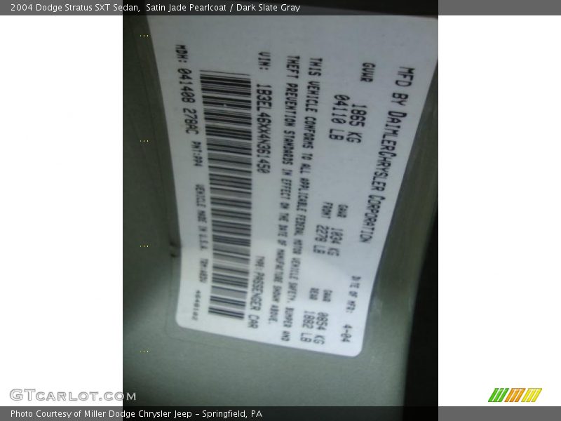 Satin Jade Pearlcoat / Dark Slate Gray 2004 Dodge Stratus SXT Sedan