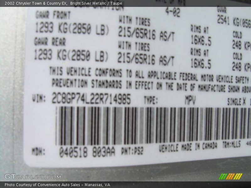 Bright Silver Metallic / Taupe 2002 Chrysler Town & Country EX