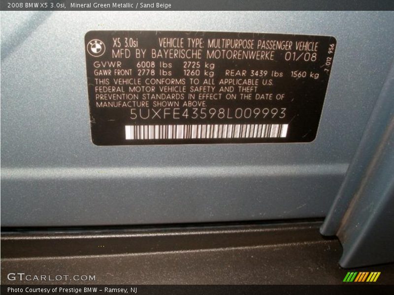 Mineral Green Metallic / Sand Beige 2008 BMW X5 3.0si