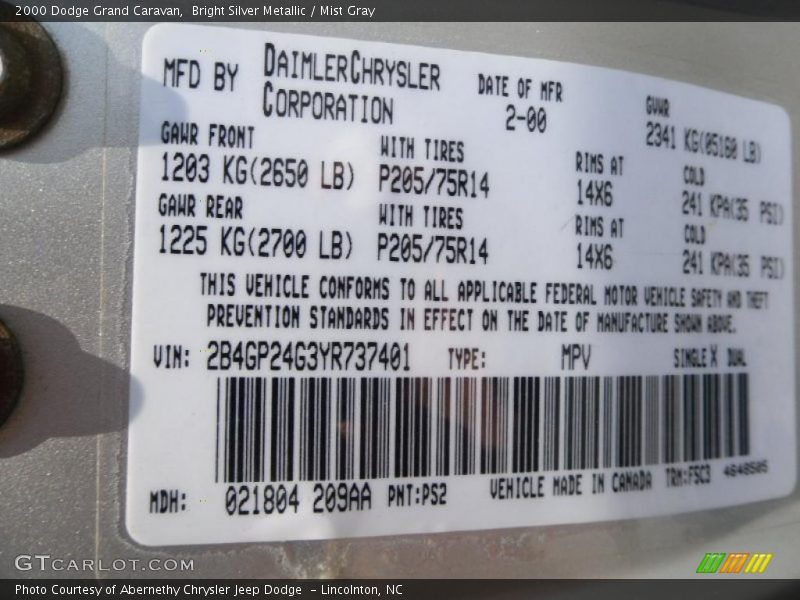 Bright Silver Metallic / Mist Gray 2000 Dodge Grand Caravan