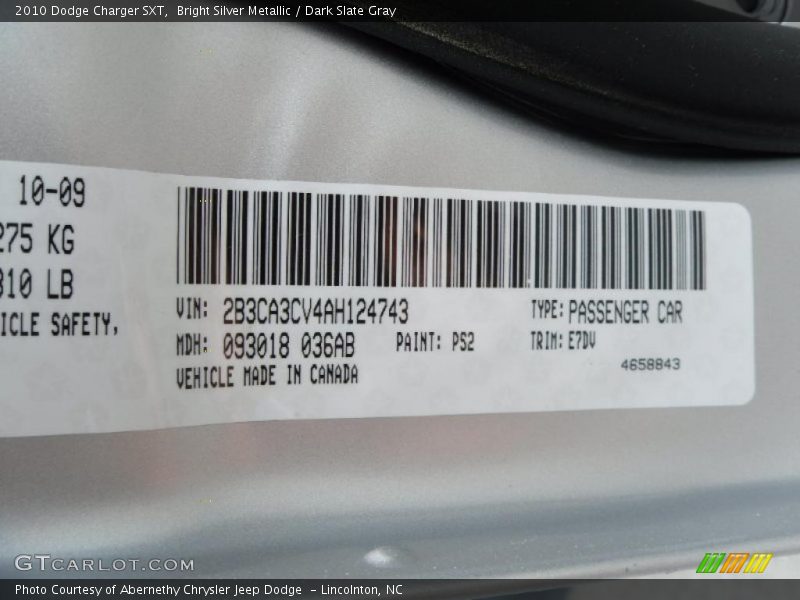 Bright Silver Metallic / Dark Slate Gray 2010 Dodge Charger SXT