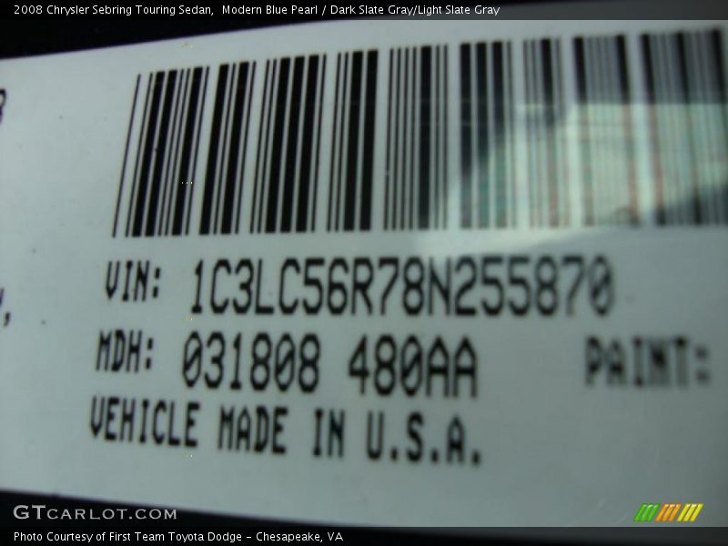 Modern Blue Pearl / Dark Slate Gray/Light Slate Gray 2008 Chrysler Sebring Touring Sedan