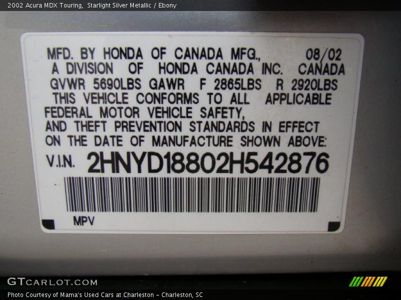 Starlight Silver Metallic / Ebony 2002 Acura MDX Touring