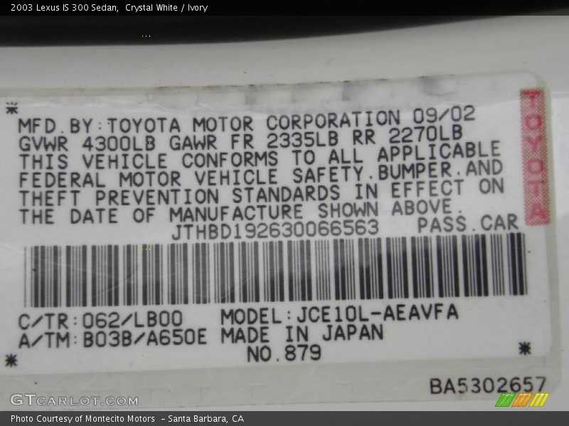 Crystal White / Ivory 2003 Lexus IS 300 Sedan