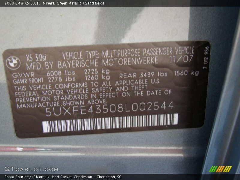 Mineral Green Metallic / Sand Beige 2008 BMW X5 3.0si