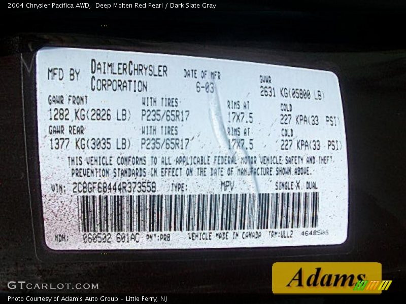 Deep Molten Red Pearl / Dark Slate Gray 2004 Chrysler Pacifica AWD