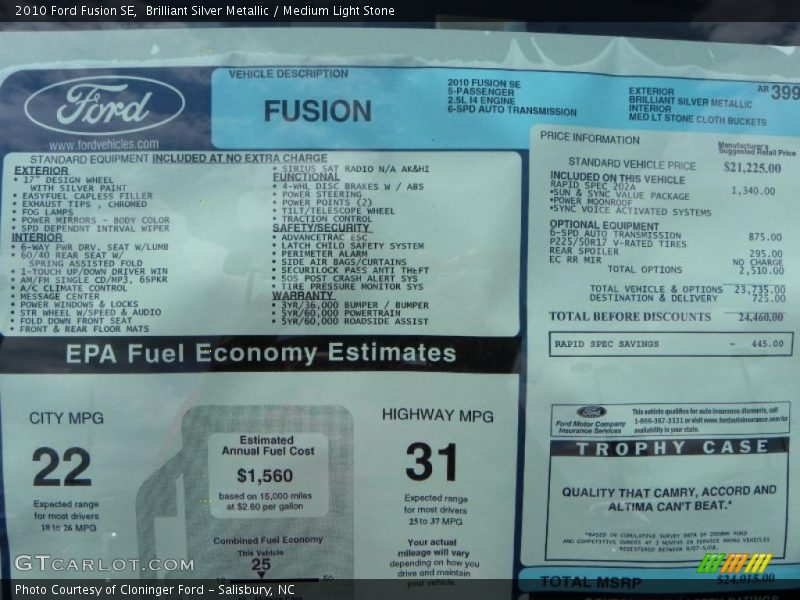 Brilliant Silver Metallic / Medium Light Stone 2010 Ford Fusion SE