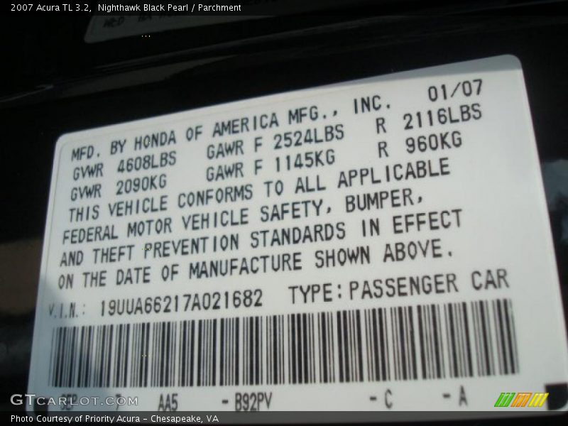 Nighthawk Black Pearl / Parchment 2007 Acura TL 3.2