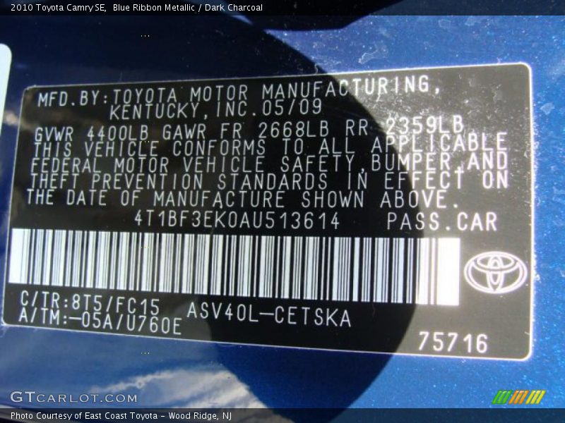 Blue Ribbon Metallic / Dark Charcoal 2010 Toyota Camry SE