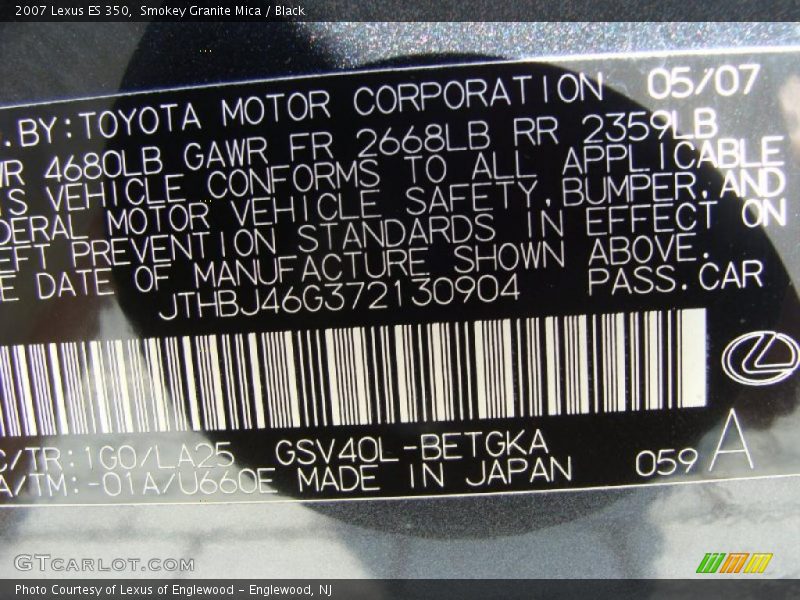 Smokey Granite Mica / Black 2007 Lexus ES 350