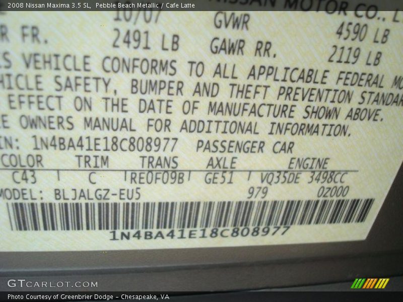 Pebble Beach Metallic / Cafe Latte 2008 Nissan Maxima 3.5 SL