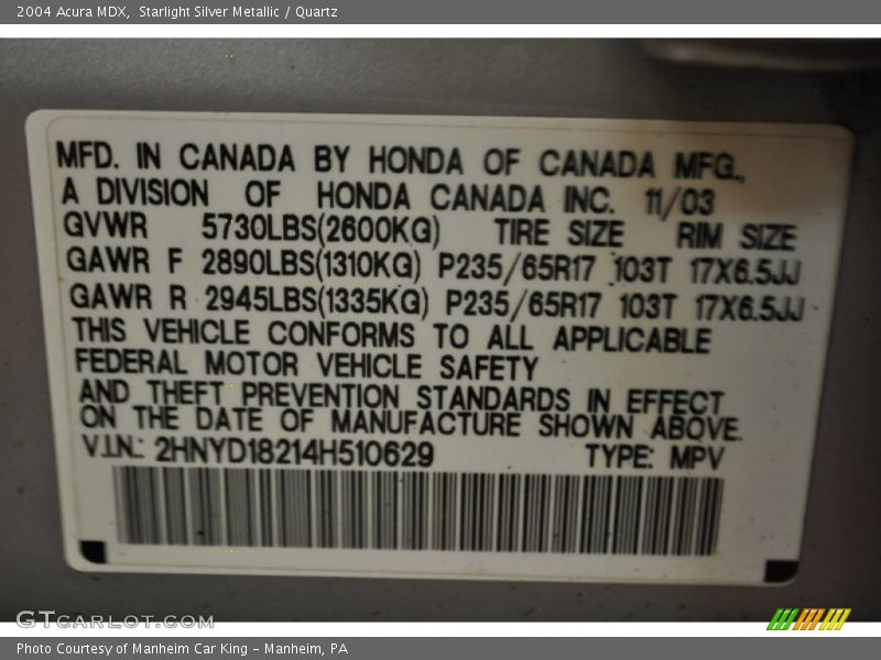 Starlight Silver Metallic / Quartz 2004 Acura MDX
