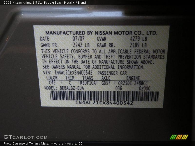 Pebble Beach Metallic / Blond 2008 Nissan Altima 2.5 SL
