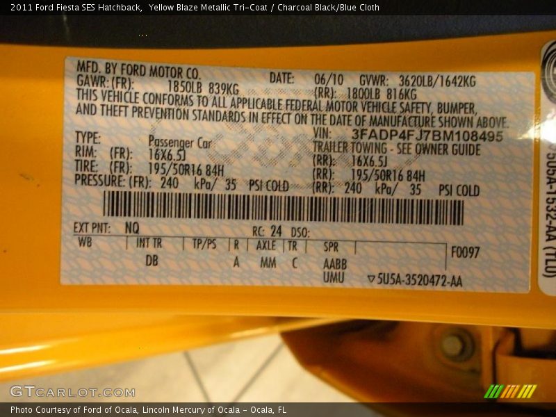 Yellow Blaze Metallic Tri-Coat / Charcoal Black/Blue Cloth 2011 Ford Fiesta SES Hatchback