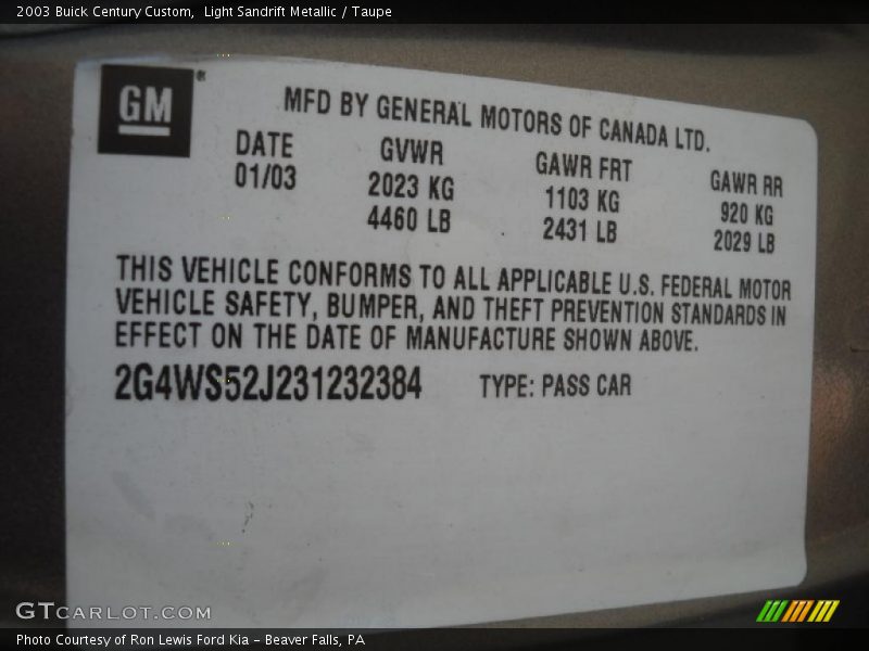 Light Sandrift Metallic / Taupe 2003 Buick Century Custom