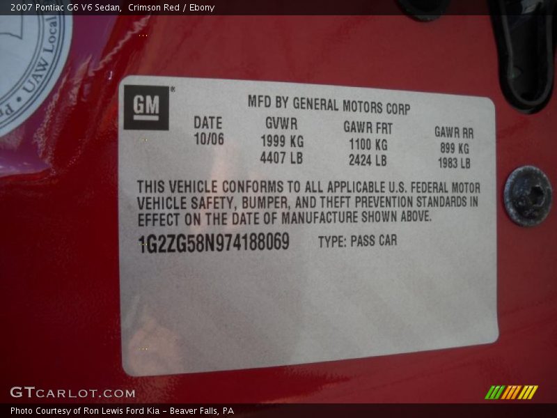 Crimson Red / Ebony 2007 Pontiac G6 V6 Sedan